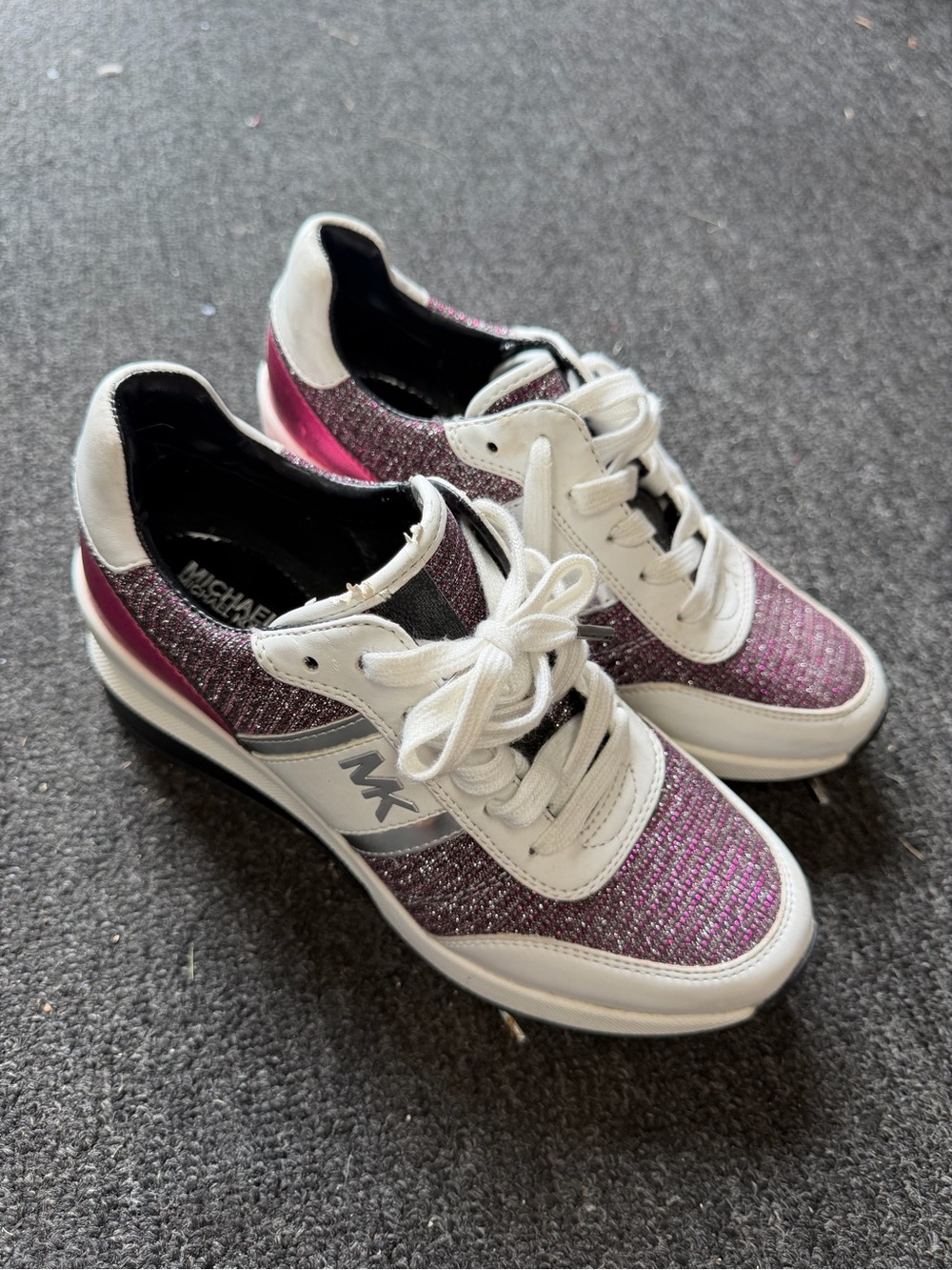 Michael Kors Women's Pink Glitter MK Logo Lace-Up Sneakers with White Accents